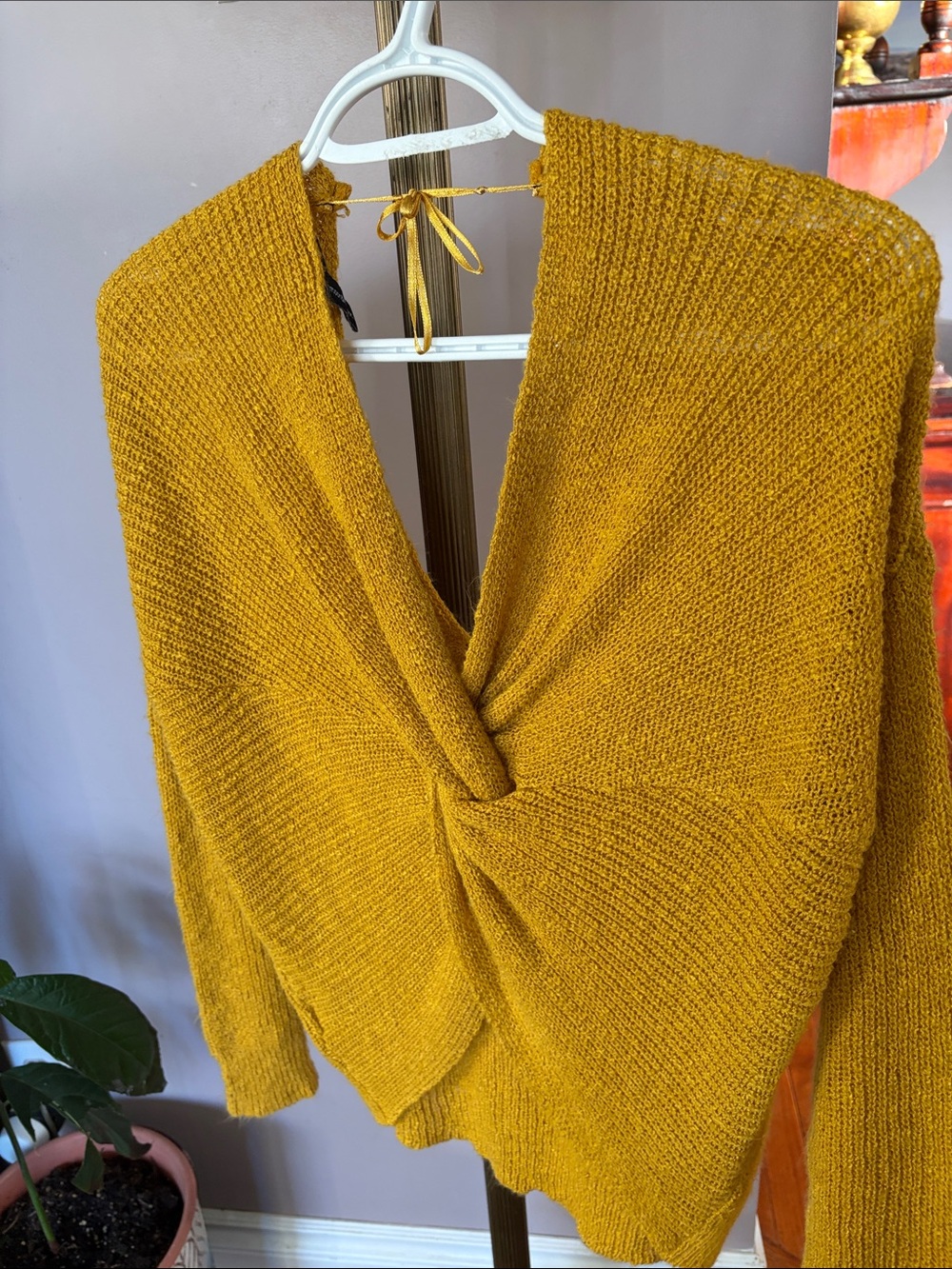 moon & madison Mustard Yellow V-Neck Sweater With Chic Back Knot